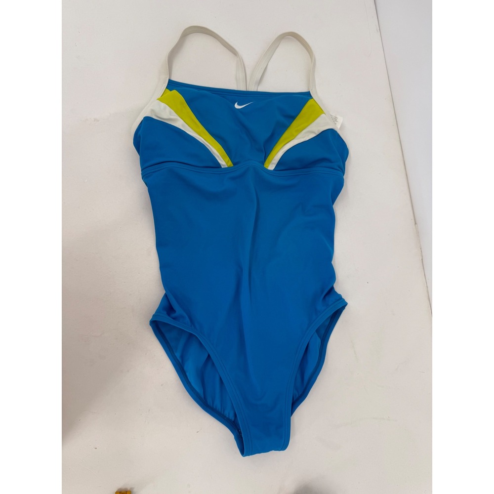 Nike Womens Blue Lime Green One Piece Swimsuit Performance Athletic Swim Sz 6